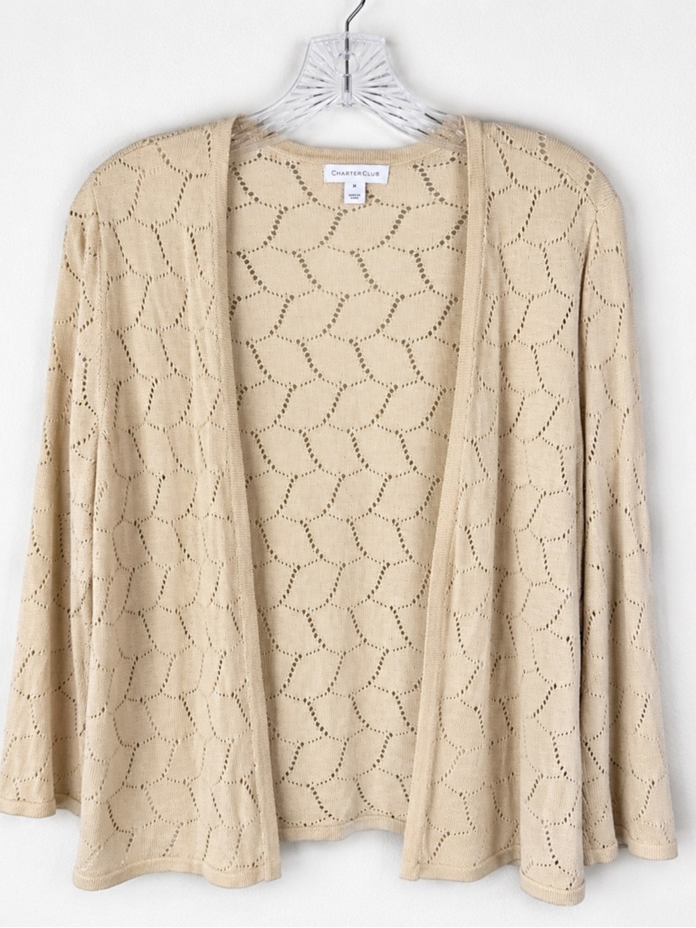 Charter Club Open Front Pointelle Cardigan Beige Knit Sweater Medium